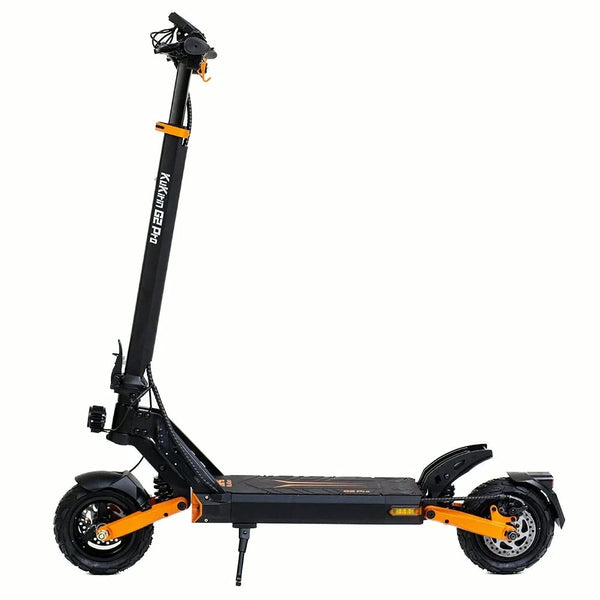 Trottinette électrique Kukirin G2 Pro 600W vue de profil, cadre noir et orange - SteedyTrott.com