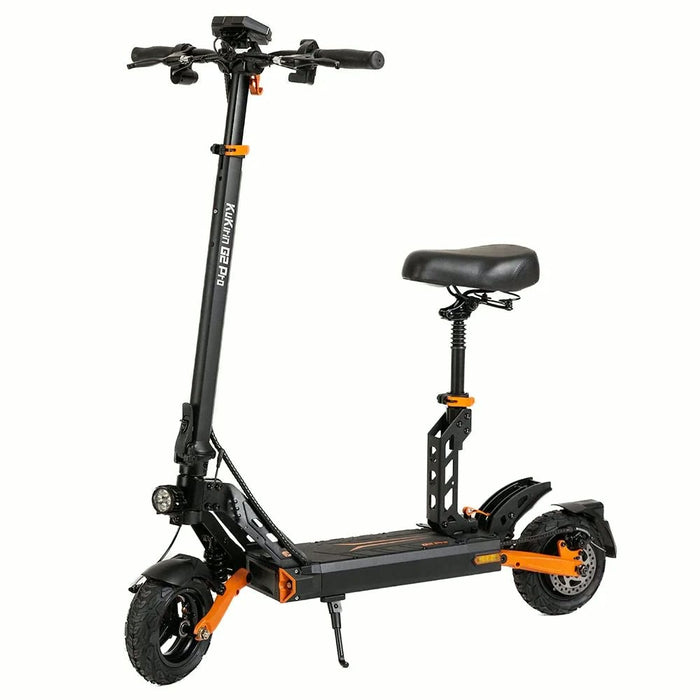 Trottinette électrique Kukirin G2 Pro avec selle amovible, vue trois quarts - SteedyTrott.com